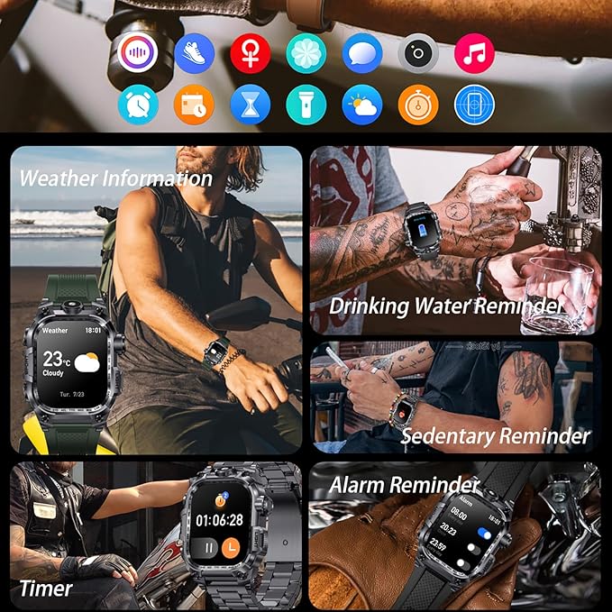 Tough Smart Watch for Working Men with Flashlight, 2.01" HD Ultra Large Rugged Smartwatch Bluetooth Call/Heart Rate/Sleep Monitor Hiking Camping Fitness Track Watches