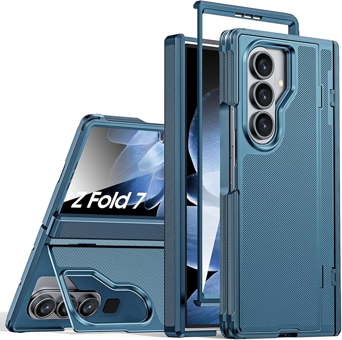 for Galaxy Z Fold 7 Case, Built-in Hidden Kickstand & HD Screen Protector & Hinge Protection, Slim Shockproof Military Grade Drop Protective Phone Case for Samsung Z Fold 7 (Lake Blue)