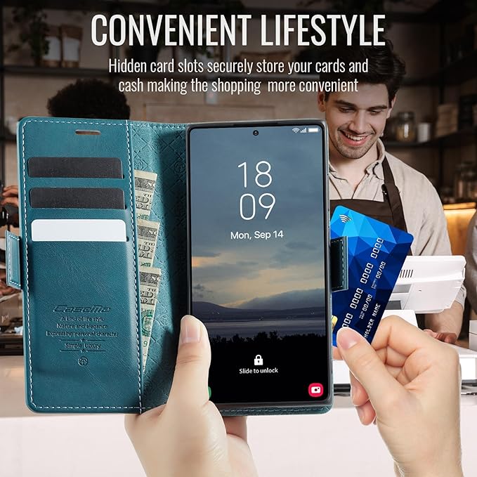 Wallet Case for Samsung Galaxy S24 Ultra Leather Wallet Flip Cover with Card Holder, Kickstand, Magnetic Closure, RFID Blocking TPU Shockproof Phone Case Compatible with S24 Ultra,Blue-Green