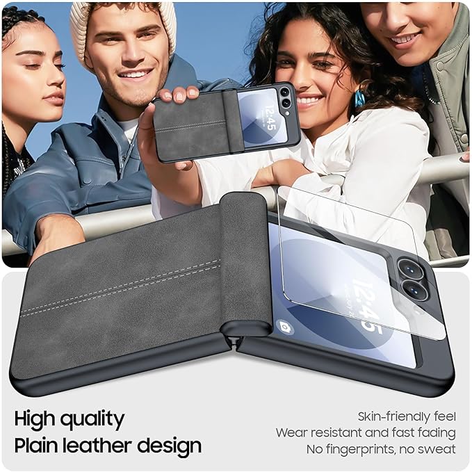 for Samsung Galaxy Z Flip 6 Case/Z Flip 7 FE Case with Hinge Protection & Built-in Screen Protector, Ultra Thin Leather Shockproof Cover Phone Case for Galaxy Z Flip 6/Z Flip 7 FE-Gray