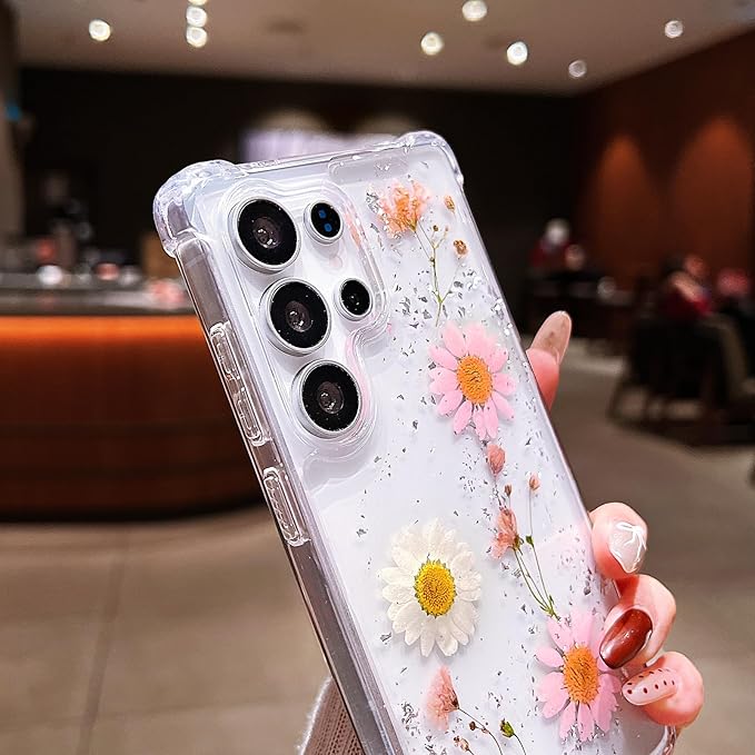Compatible with Samsung Galaxy S25 Ultra Case Cute Pressed Dried Real Flowers Design Women Girly Shockproof Glitter Floral Clear Phone Cover for Galaxy S25 Ultra (Pink Flower)
