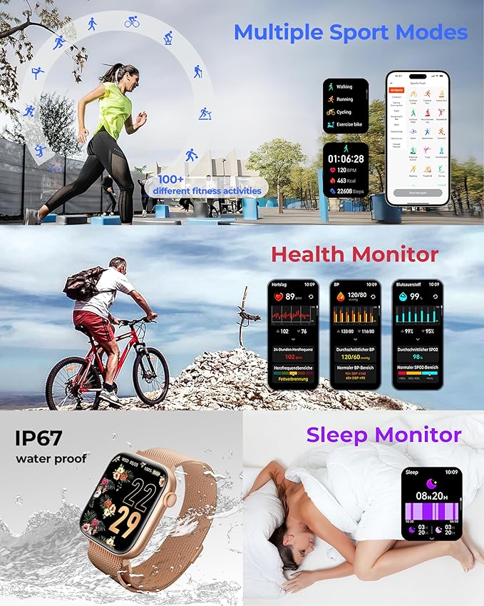 Smart Watch for Men/Women, 1.85" AMOLED Touchscreen, Make/Answer Calls, Fitness Tracker with Heart Rate, Blood Oxygen, Sport Modes, Waterproof Watches Compatible with Android & iPhone(4 Watch Bands)