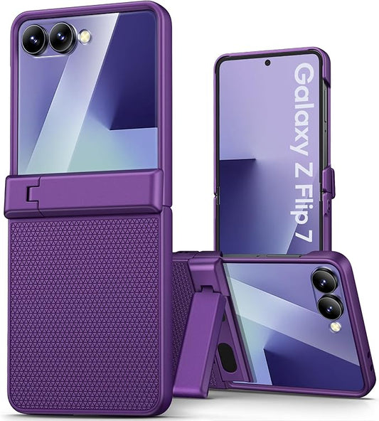 Vihibii for Samsung Galaxy Z Flip 7 Slim Case with Stand & Hinge Protection & Outer Screen Protector & Non-Slip Texture, Shockproof Durable Phone Case for Samsung Galaxy Z Flip 7 5G 2025, Dark Purple