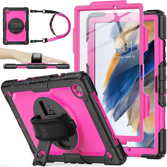 SEYMAC stock Case for Samsung Galaxy Tab A8 10.5'', Full-Body Drop Protection Case with Screen Protector Pencil Holder [360° Rotating Hand Strap] &Stand, Pink+Black