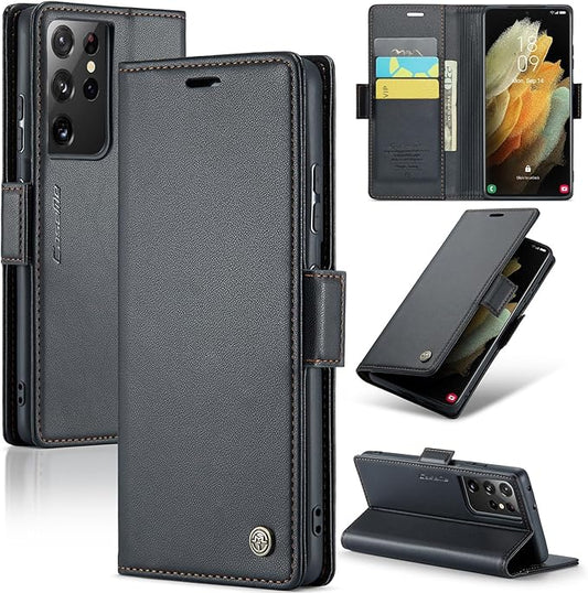 AUPAI for Samsung Galaxy S21 Ultra Wallet Case with Credit Card Holder, PU Leather RFID Blocking Folio Flip Kickstand Magnetic Clasp Protective Phone Cover for Women Men Black