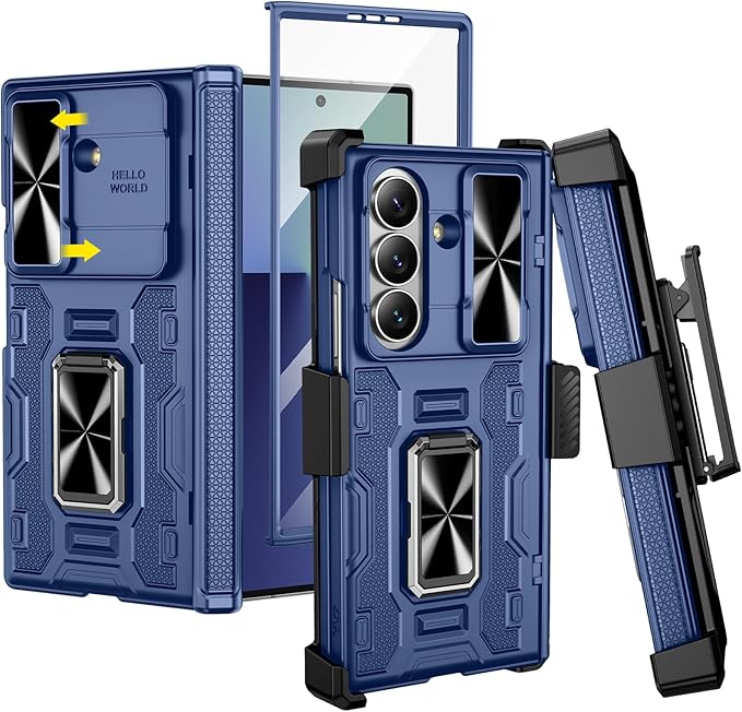 VEGO for Galaxy Z Fold 7 Case with Kickstand, Hinge Protection & Belt Clip Holster & Front Screen Protector & Slide Camera Cover Magnetic Kickstand Case for Samsung Galaxy Z Fold 7 5G - Blue