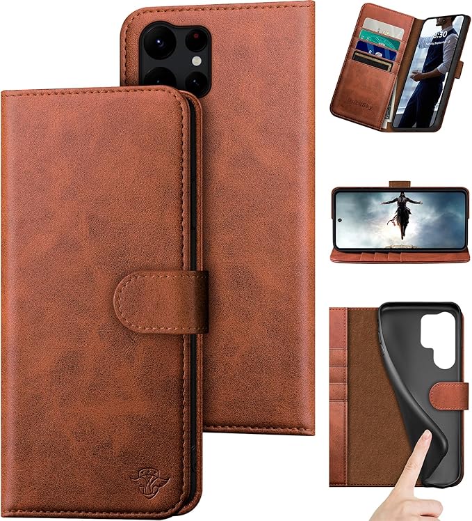 compatible with Samsung Galaxy S25 Ultra Genuine Leather Wallet case【RFID Blocking】【4 Credit Card Holder】【Real Leather】Flip Folio Book Phone case Cover Women Men for S25 Ultra case Light Brown