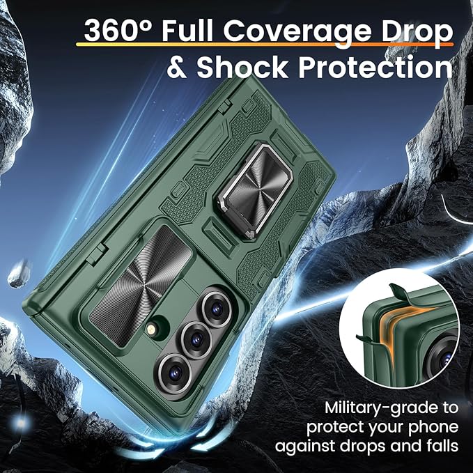 VEGO Case for Z Fold 7 with Kickstand[Slide Camera Cover][Built-in Screen Protector][Hinge Protection] Full-Body Military Grade Shockproof Anti-Fall Protective Hard Case for Samsung Fold7 5G-Green