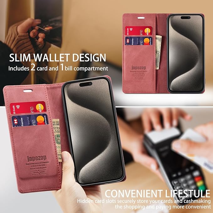 japezop iPhone 15 Pro Max 5G Wallet Case with [RFID Blocking],Card Holder Kickstand Magnetic,Leather Flip Case Wallet for iPhone 15 Pro Max 5G 6.7 Inch(Red)