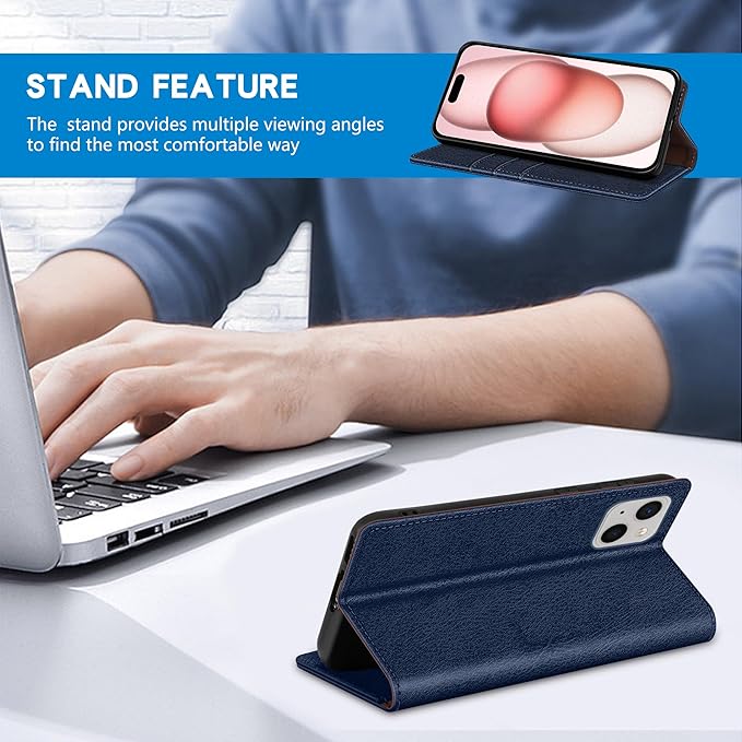 ZZXX for iPhone 15 Wallet Case with [RFID Blocking] Card Slot Stand Strong Magnetic Leather Flip Fold Protective Phone Case for iPhone 15 Case Wallet(Blue-6.1 inch)