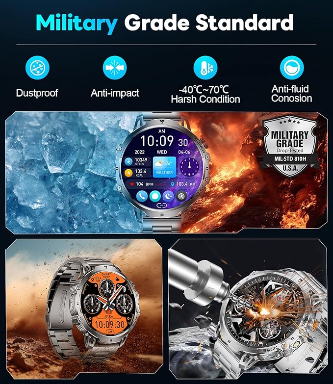 Military Smartwatch for Men(Answer/Make Calls),1000mAh Battery 1.85” HD Display Fitness Tracker with 100+ Sports Modes/Heart Rate Monitor LED Flashlight IP68 Waterproof for Android iOS