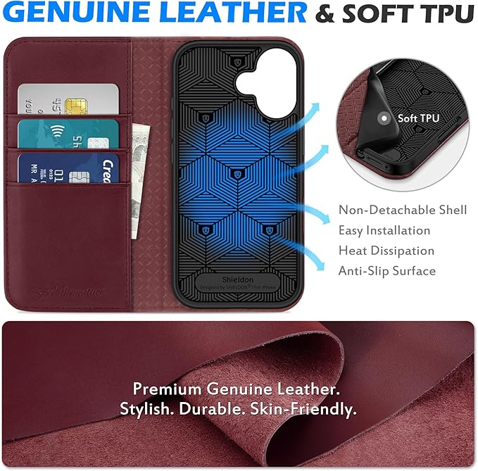 SHIELDON Wallet Case for iPhone 17 6.3-inch 2025 | Genuine Leather | Flip Magnetic | RFID Blocking Card Holder | Kickstand | Shockproof | Soft Shock-Absorbent Phone Cover | Wine Red