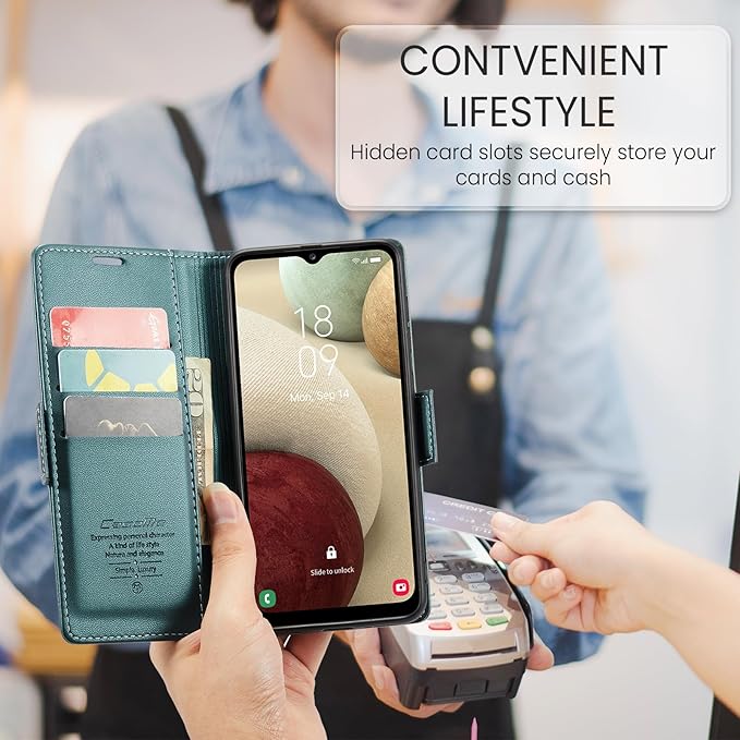 for Samsung Galaxy A12 5G Case, Premium PU Leather Wallet Case Flip Cover with [RFID Blocking][Card Holder][Stand Function] Shockproof Protective for Samsung Galaxy A12, Blue-Green