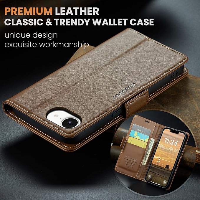 for Apple iPhone 16e Case, Premium PU Leather Wallet Case Flip Cover with [RFID Blocking][Card Holder][Stand Function] Shockproof Protective for iPhone 16E 6.1", Brown