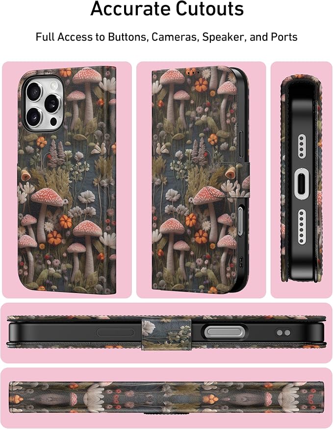 DEENAKIN for iPhone 16 Pro Wallet Case with Card Holder + Cash Clip, RFID-Blocking, Military-Grade Drop Protection, Magnetic Closure with Leather Kickstand - Mushroom Floral