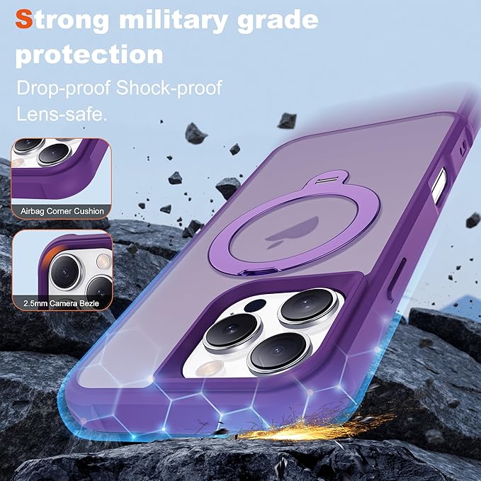 Compatible with iPhone 16 Pro Case with Invisible Magnetic 360°Spin Stand,Military-Grade Shockproof Protection [Compatible with Mag-Safe] Non-Slip Edge Translucent Case (6.3",Purple)