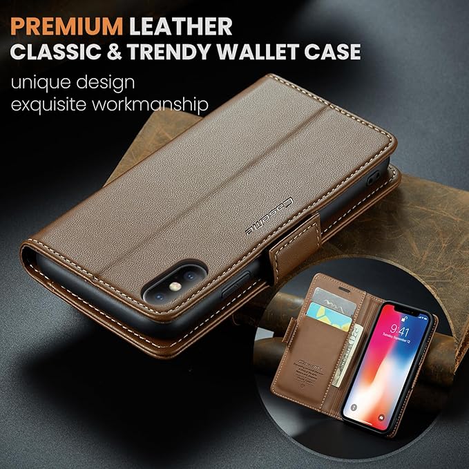 for iPhone X Case/iPhone Xs Case, Premium PU Leather Wallet Case Flip Cover with [RFID Blocking][Card Holder][Stand Function] Shockproof Protective for iPhone X/XS, Brown