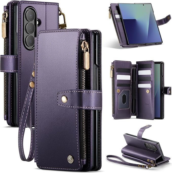 Vinich for Samsung Galaxy Z Fold 7 Wallet Case with Card Holder, Detachable Strap RFID Blocking Credit Slots Kickstand Shockproof Phone Cover for Women Men, Purple
