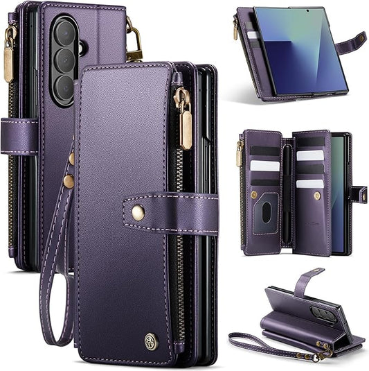 Vinich for Samsung Galaxy Z Fold 7 Wallet Case with Card Holder, Detachable Strap RFID Blocking Credit Slots Kickstand Shockproof Phone Cover for Women Men, Purple