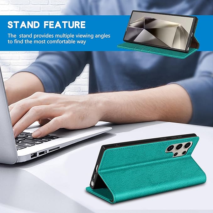 ZZXX for Samsung Galaxy S25 Ultra Wallet Case with [RFID Blocking] Card Slot Stand Strong Magnetic Leather Flip Fold Protective Phone Case for Samsung Galaxy S25 Ultra Case Wallet(Lake Blue-6.8 inch)