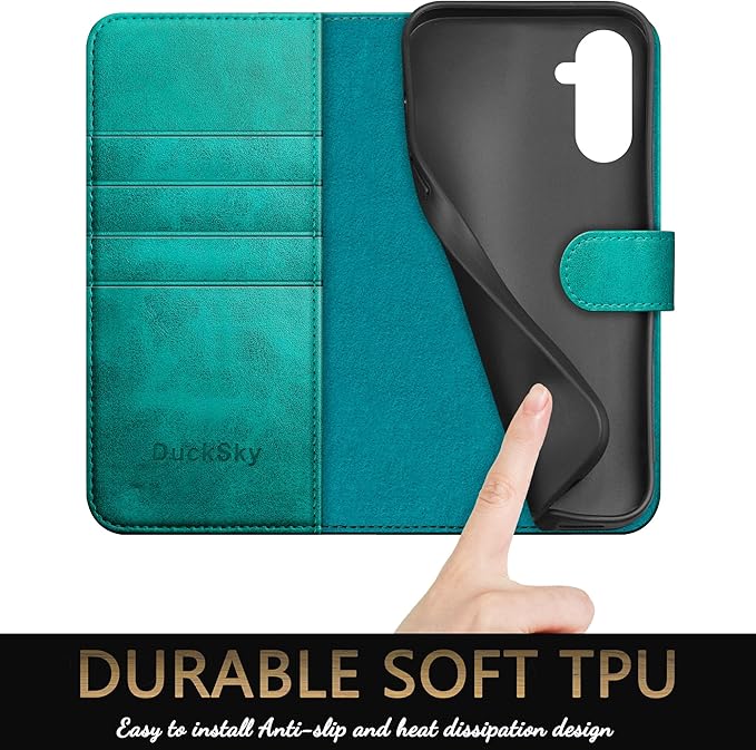 Compatible with Samsung Galaxy S25 Genuine Leather Wallet case【RFID Blocking】【4 Credit Card Holder】【Real Leather】 Flip Folio Book Phone case Cover Women Men for Samsung S25 case Blue Green