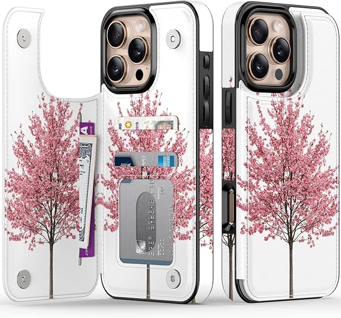 FUNMIKO for iPhone 16 Pro Wallet Case with Card Holder, RFID-Blocking, Military-Grade Protection & UV-Printed Artwork, Magnetic Closure with Leather Kickstand - Blooming Cherry Tree