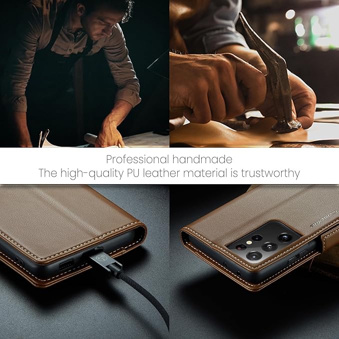 AUPAI for Samsung Galaxy S21 Ultra Wallet Case with Credit Card Holder, PU Leather RFID Blocking Folio Flip Kickstand Magnetic Clasp Protective Phone Cover for Women Men Brown