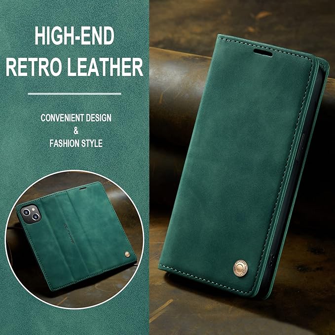 QLTYPRI Case for iPhone 14, Vintage PU Leather Wallet Case Card Slot Kickstand Magnetic Closure Shockproof Flip Folio Book Case Cover for iPhone 14(6.1 inch) - Dark Green