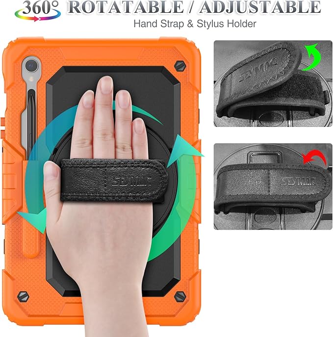 SEYMAC stock Case for Samsung Galaxy Tab S10 Lite / S10 FE / S9 FE 5G / S9 Tablet Case 10.9''/ 11'' Protective with Screen Protector, Pen Holder, 360 Rotate Stand, Hand Strap, Shoulder Strap, Orange