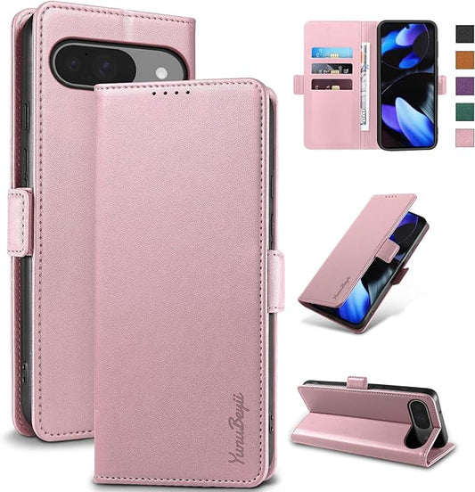 Wallet Flip Case for Google Pixel 9/9 Pro - [RFID Blocking] Luxury PU Leather Card Holder Magnetic Phone Cover with Kickstand,Shockproof Protective Case,Pink