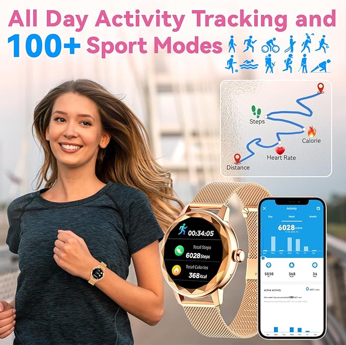 Smart Watch for Women with Make/Answer Call, 1.2" Adjustable Fitness Watch with Heart Rate Sleep Monitor Female Cycle and 100+ Sports Modes (W02-Rose Gold)