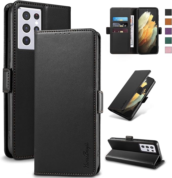 Wallet Flip Case for Samsung Galaxy S21 Ultra 5G - [RFID Blocking] Luxury PU Leather Card Holder Magnetic Phone Cover with Kickstand,Shockproof Protective Case,Black