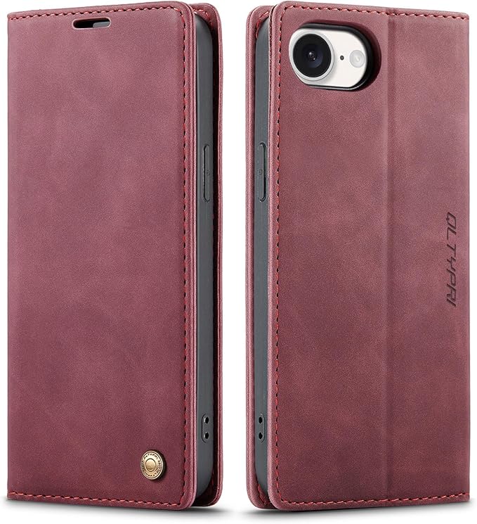 QLTYPRI Case for iPhone 16e, Vintage PU Leather Wallet Case Card Slot Kickstand Magnetic Closure Shockproof Flip Folio Cover for iPhone 16e - Red