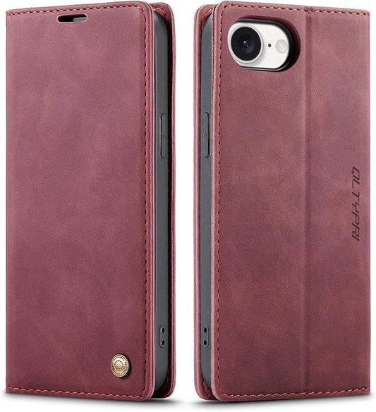 QLTYPRI Case for iPhone 16e, Vintage PU Leather Wallet Case Card Slot Kickstand Magnetic Closure Shockproof Flip Folio Cover for iPhone 16e - Red