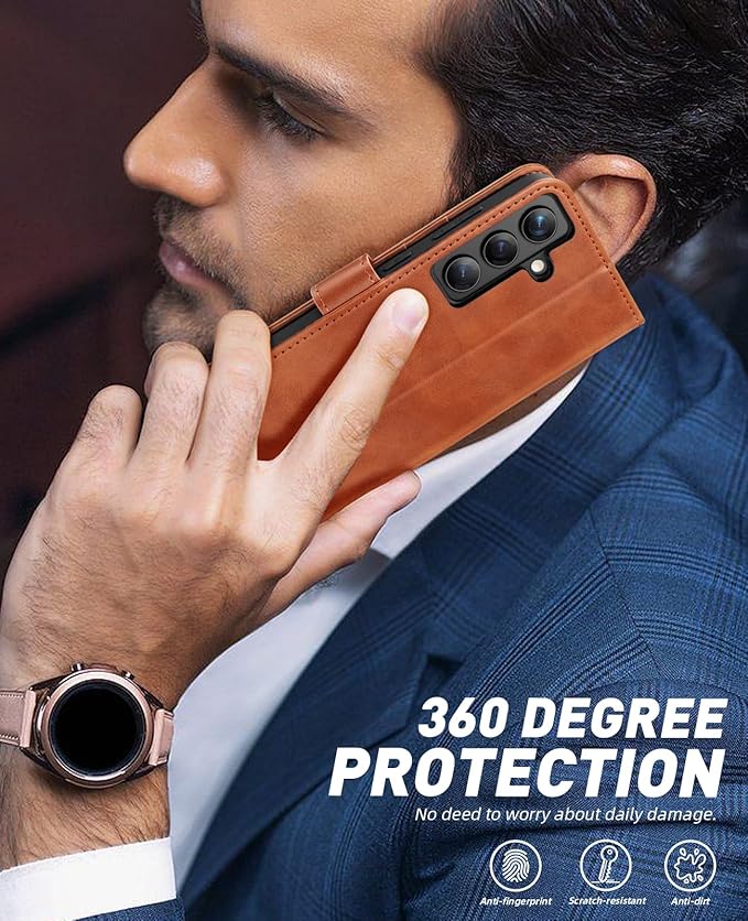 OCASE Compatible with Galaxy S24 5G Wallet Case, PU Leather Flip Folio Case with Card Holders RFID Blocking Kickstand [Shockproof TPU Inner Shell] Phone Cover (2024), Brown