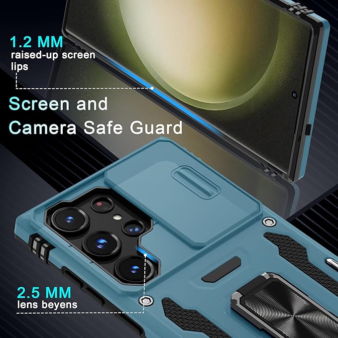 DEERLAMN Case for Samsung Galaxy S25 Ultra with Slide Camera Cover+Screen Protector (1 Pack), Rotated Ring Kickstand Military Grade Shockproof Protective Cover-Light Blue
