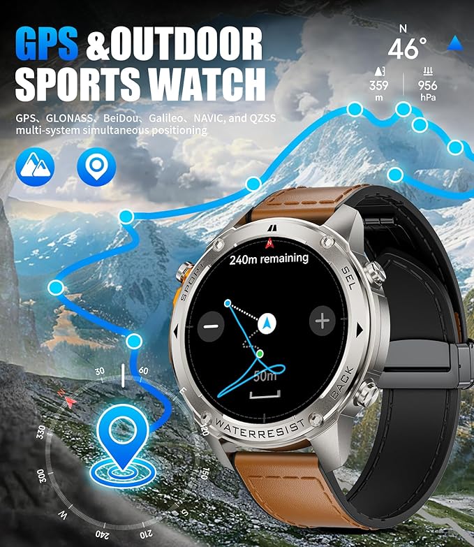 GPS Smart Watch for Men(Answer/Make Call),6 Satellite Positioning/Compass,50M Waterproof,500mAh Extra-large battery,1.43" AMOLED,170 Fitness Sports Modes/Heart Rate/SpO2/Blood Pressure for Android iOS