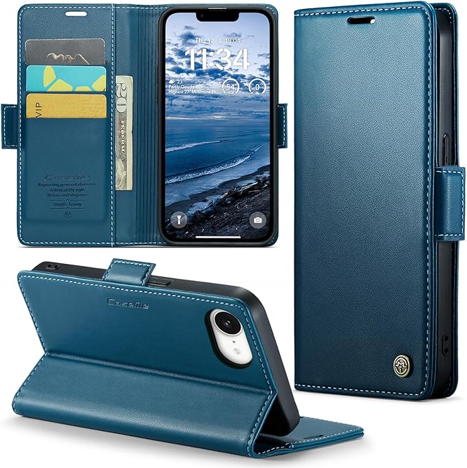 for Apple iPhone 16e Case, Premium PU Leather Wallet Case Flip Cover with [RFID Blocking][Card Holder][Stand Function] Shockproof Protective for iPhone 16E 6.1", Blue