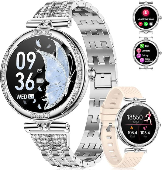 LIGE Smart Watches for Women (Answer/Make Call) with Diamonds，1.19” AMOLED Smartwatch,IP68 Waterproof Fitness Tracker 120 Sport Modes Pedometer for Android iOS,Sliver
