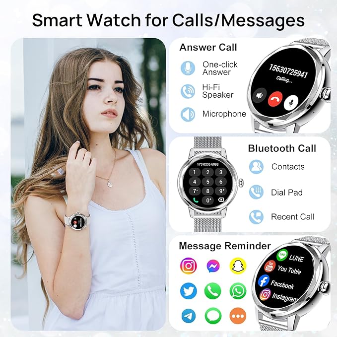 1.57'' Smart Watch for Women with Heart Rate/SpO2/Female Cycle Tracker, Silver Smartwatch Answer/Make Calls, IP67 Fitness Tracker with 123 Sports Modes, 2 Bands, iOS Android Compatible