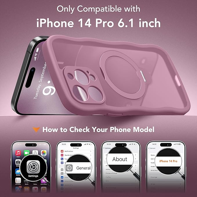 GolbinBox for iPhone 14 Pro Case for Women,[Compatible with Magsafe][360° Spin Magnetic Stand][Cute Wave Edge][Military-Grade Protection] Translucent Matte Phone Case for iPhone 14 Pro, Blackcurrant