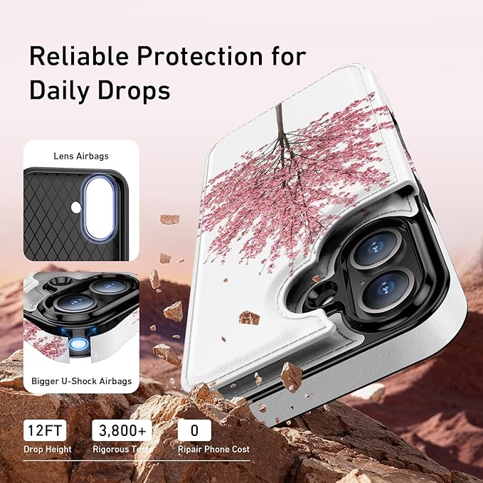 FUNMIKO for iPhone 16 Plus Wallet Case with Card Holder, RFID-Blocking, Military-Grade Protection & UV-Printed Artwork, Magnetic Closure with Leather Kickstand - Blooming Cherry Tree