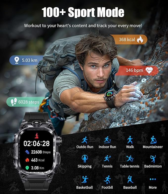 Military Smart Watches for Men(Answer/Make Calls),2.01"HD Screen Sports Smartwatch with LED Flashlight,700mAh Battery,Heart Rate/Sleep Monitor Fitness Tracker for Android iOS,100+Sport Modes,Black