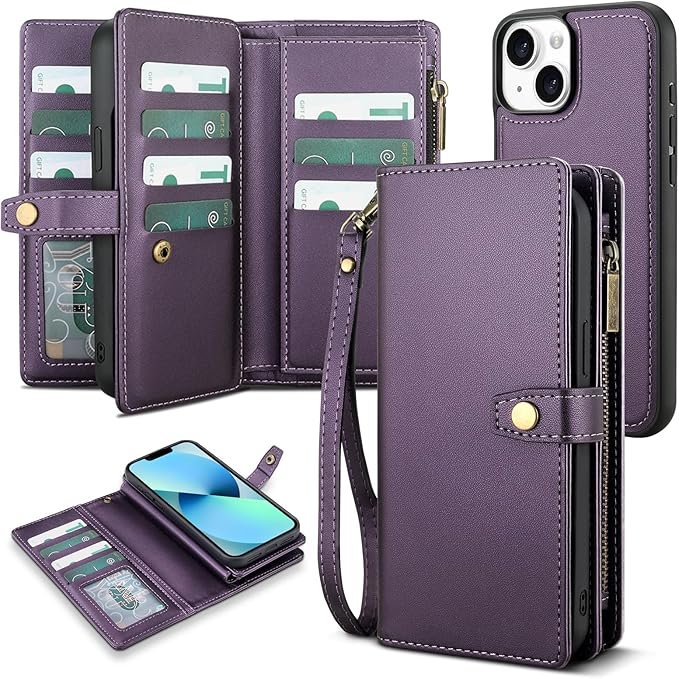 TwoHead Designed for iPhone 13 Wallet Case with Card Holder,Detachable Magnetic Phone Case with Wallet PU Leather Wallet Phone Case for iPhone 13 Case Wallet for Women/Men with Wrist Strap,Deep Purple