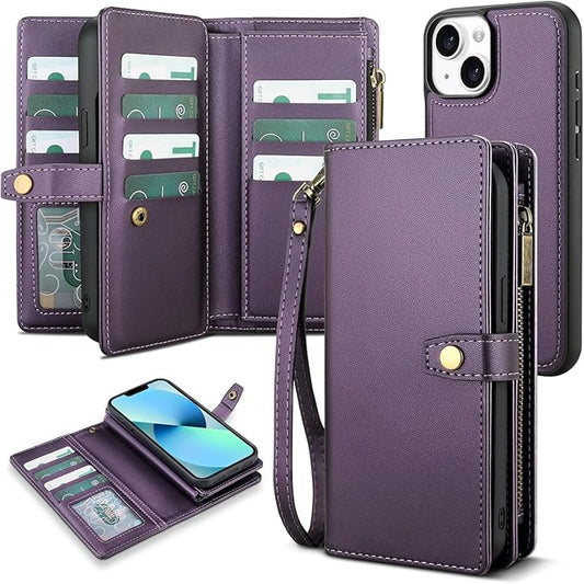 TwoHead Designed for iPhone 13 Wallet Case with Card Holder,Detachable Magnetic Phone Case with Wallet PU Leather Wallet Phone Case for iPhone 13 Case Wallet for Women/Men with Wrist Strap,Deep Purple