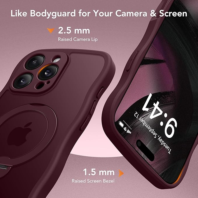 GolbinBox for iPhone 16 Pro Max Case for Women,[Compatible with Magsafe][360° Spin Magnetic Stand][Cute Wave Edge][Military-Grade Protection]Translucent Matte Phone Case for iPhone 16 ProMax, Wine Red