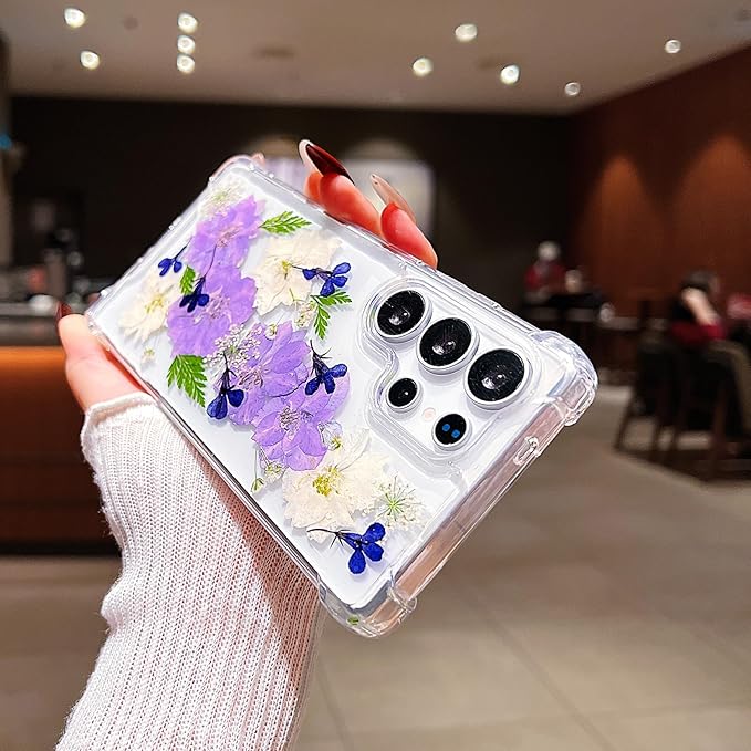 Compatible with Samsung Galaxy S25 Ultra Case Cute Pressed Dried Real Flowers Design Women Girly Shockproof Soft TPU Floral Clear Phone Cover for Galaxy S25 Ultra (Purple Flower)