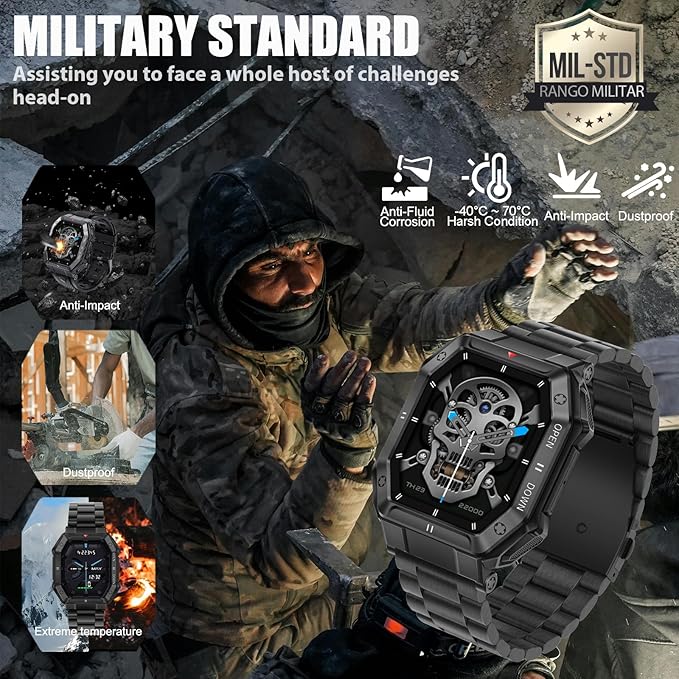 Military Smart Watches for Men (Answer/Make Call) with 1.85" HD Touchscreen, Fitness Tracker with Multiple Sport Modes, Tactical Smartwatch with Whole-Day Heart Rate/Sleep Monitor