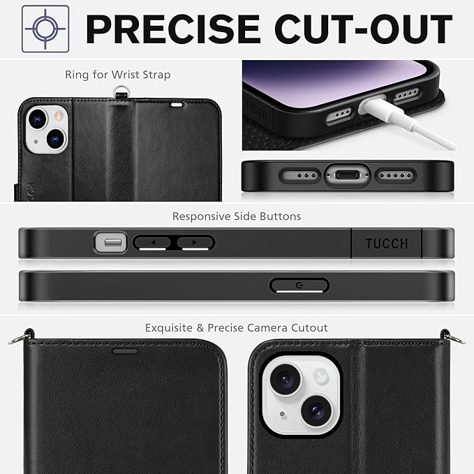 TUCCH Case Wallet for iPhone 14 6.1-inch, [Wrist Strap] RFID Blocking 4 Card Slot Stand [Shockproof TPU Shell], PU Leather Magnetic Flip Cover Compatible with iPhone 14 2022, Black with Wristlet