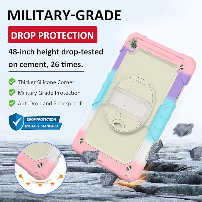 Ambison Case for Samsung Galaxy Tab A9+ Plus 11'' 2023, [Kids Proof] Full Body Protective Case with 9H Tempered Glass Screen Protector, 360° Rotatable Kickstand & Hand Strap (Light Pink)